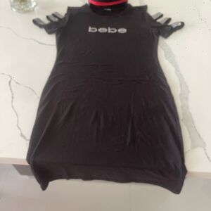 Bebe Classic Black Cold Shoulder Dress • Rhinestone Logo • Y2K Style • Size S